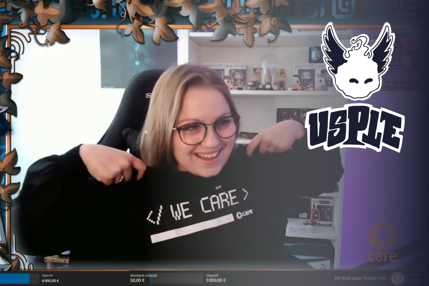 Une streameuse porte le tshirt de l'évènement Un Mois pour l'Espoir, un événement caritatif sur Twitch en 2021